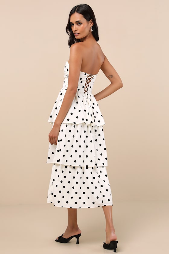 Modie White Polka Dot Twist-Front Lace-Up Midi Dress