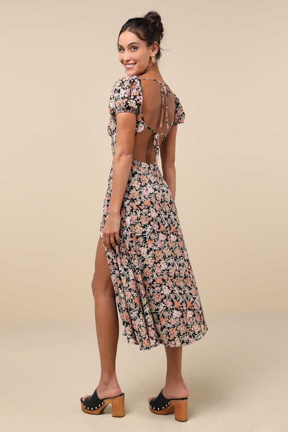 Meadow Muse Black Floral Tie-Back Puff Sleeve Midi Dress