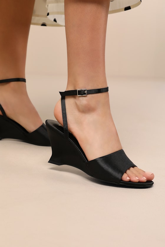 Chiarina Black Satin Ankle Strap Wedge Sandals