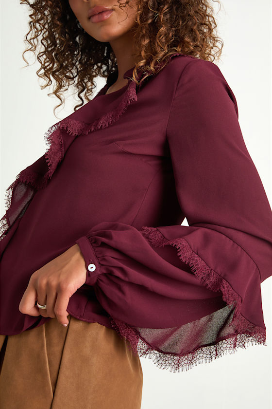 Jess Burgundy Ruffled Lace Long Sleeve Top