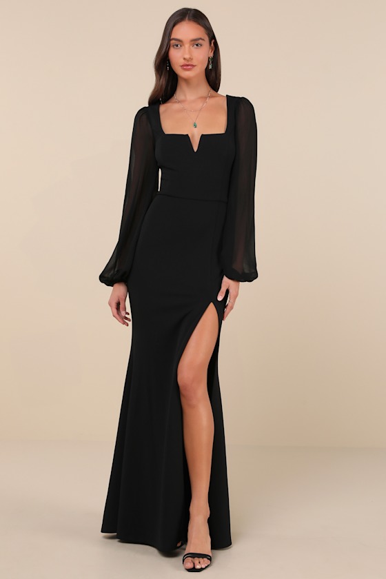 Composed Elegance Black Balloon Sleeve Mermaid Maxi Dress