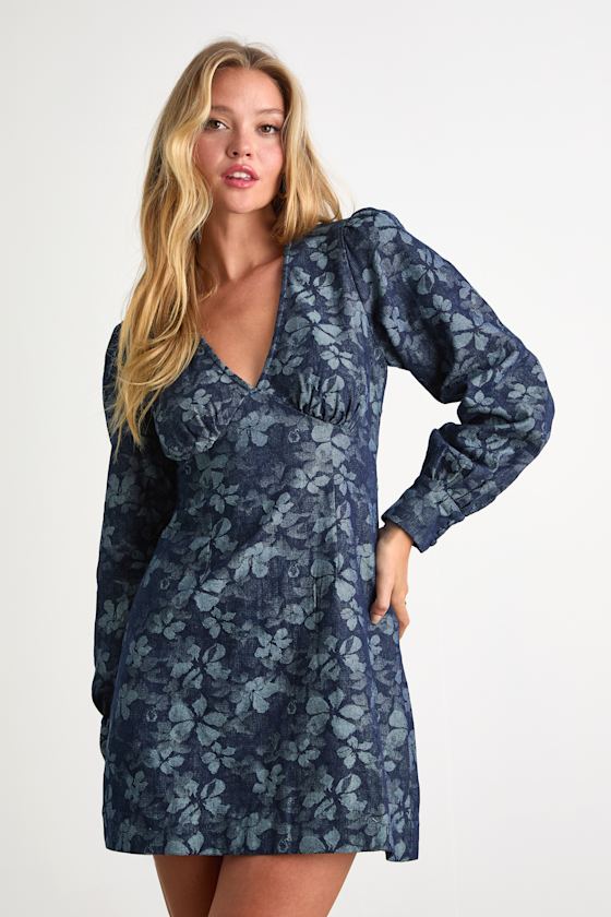 Darling Girl Dark Blue Floral Denim Long Sleeve Mini Dress