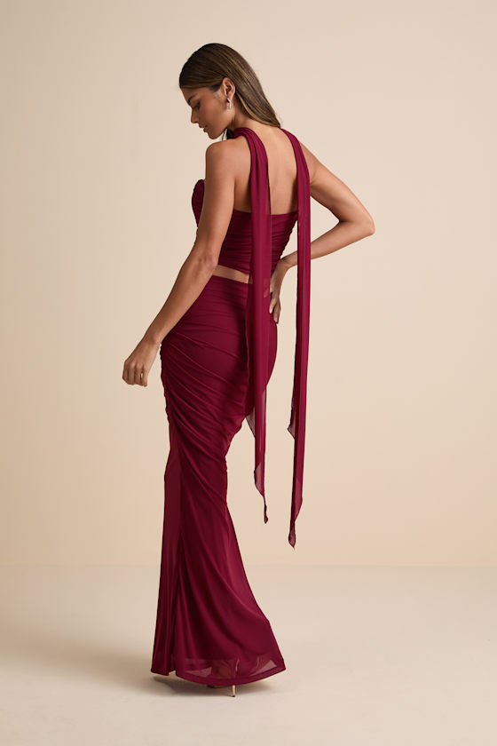 Elvena Wine Red Mesh Ruched Strapless Two-Piece Maxi Dress