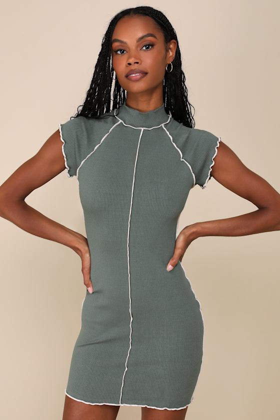 Cool Vibe Olive Green Ribbed Short Sleeve Mock Neck Mini Dress