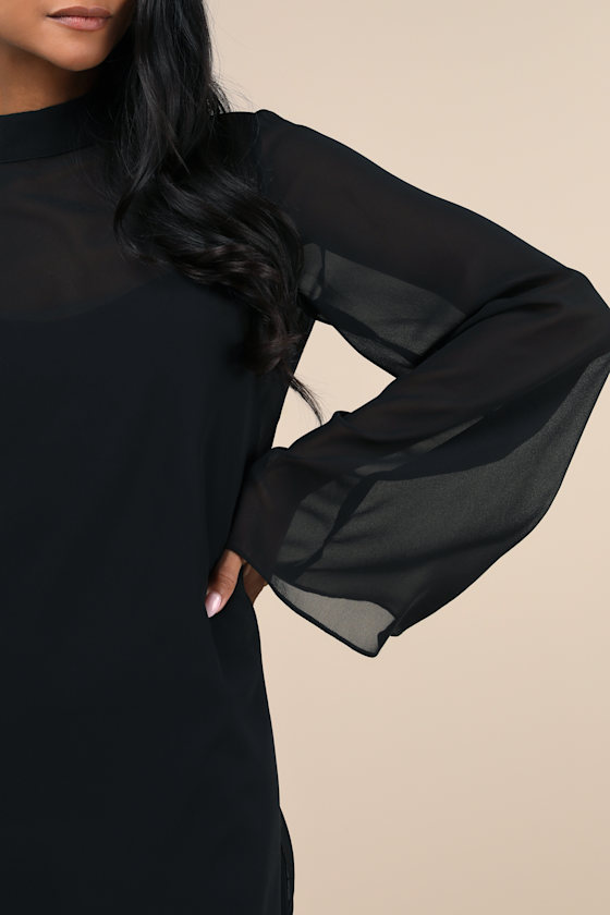 Perfected Charm Black Bell Sleeve Mini Shift Dress