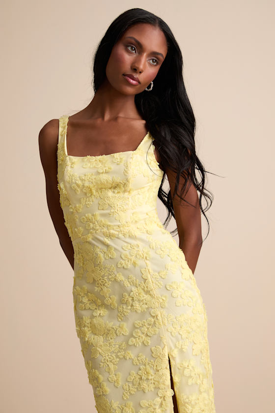 Chesley Light Yellow 3D Floral Embroidered Tie-Back Midi Dress