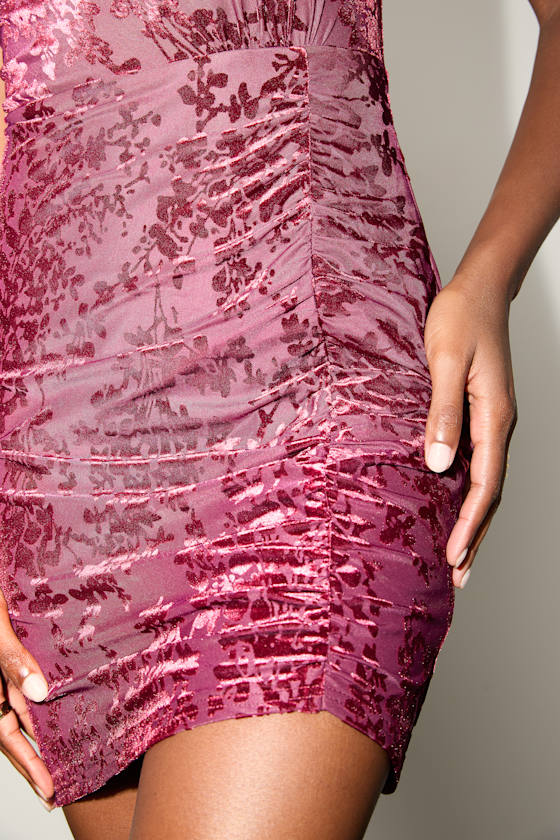 Shonna Dark Mauve Velvet Burnout Mock Neck Mini Dress