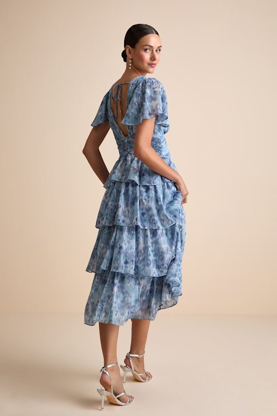 Nalia Blue Abstract Print Tiered Tie-Back Midi Dress