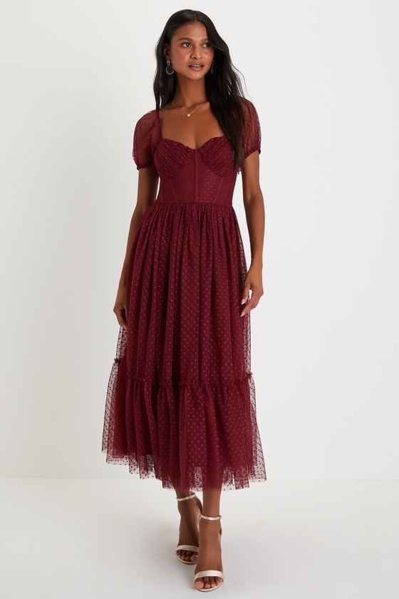 Sweet Amor Burgundy Tulle Swiss Dot Tiered Bustier Midi Dress