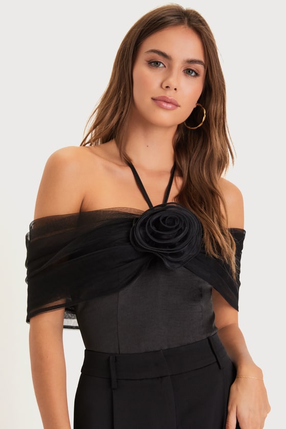 Trendsetting Moment Black Mesh Rosette Off-the-Shoulder Bodysuit