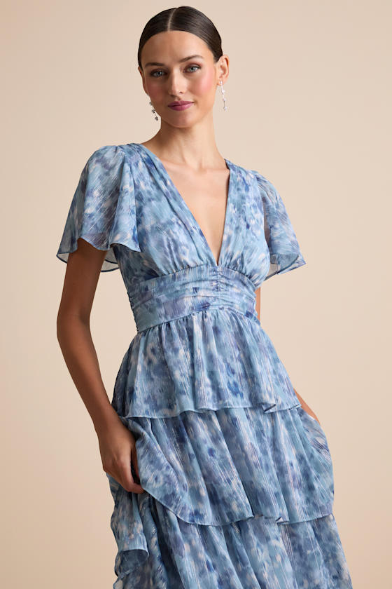 Nalia Blue Abstract Print Tiered Tie-Back Midi Dress