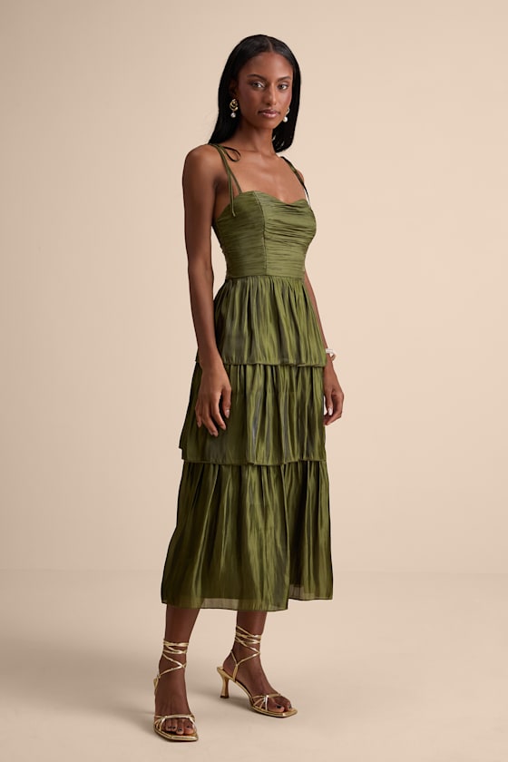 Tennon Olive Green Plisse Tiered Midi Dress