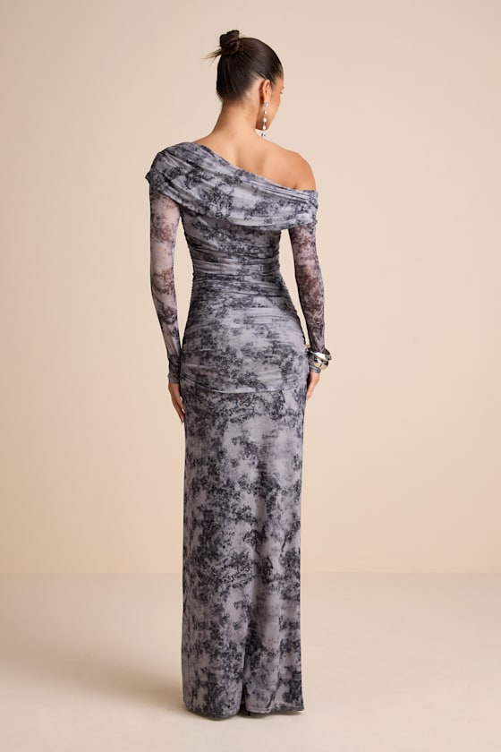 Darla Grey Tie-Dye Mesh One-Shoulder Long Sleeve Maxi Dress