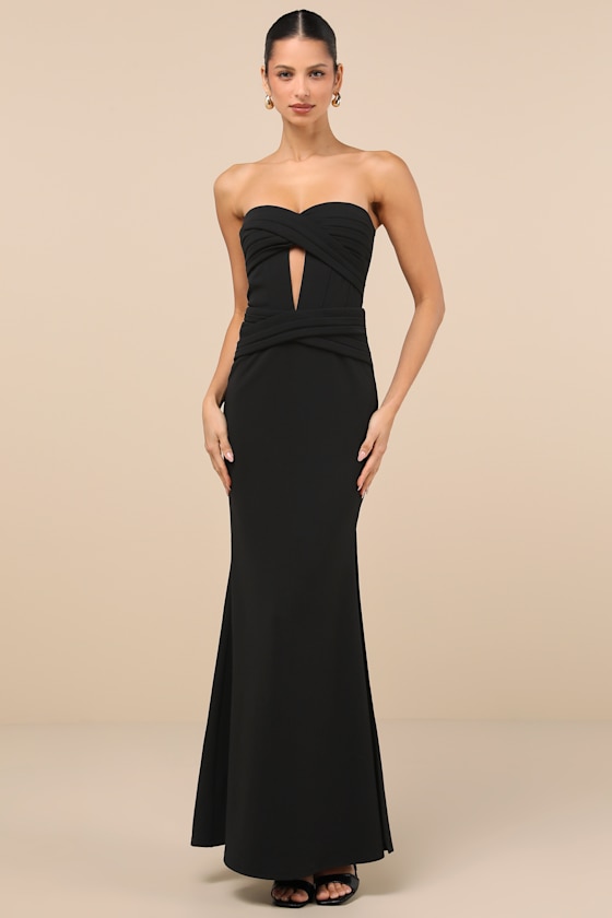 Elegant Finesse Black Pleated Cutout Maxi Dress