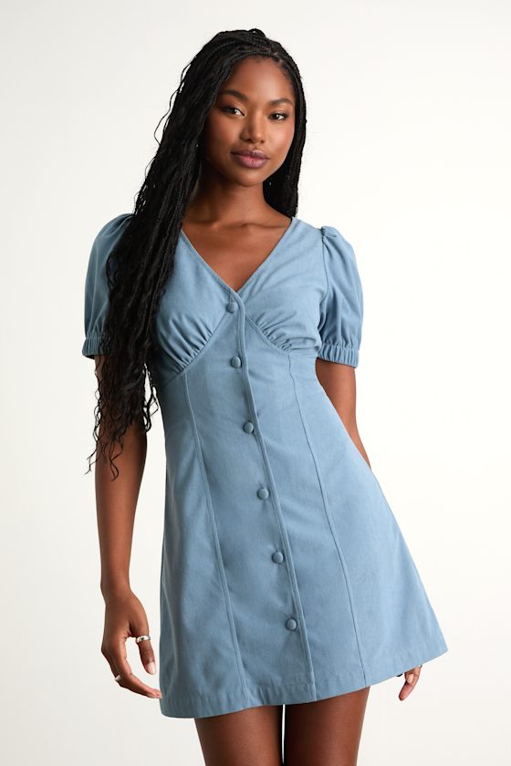 Adored Cutie Light Blue Corduroy Button-Front Mini Dress