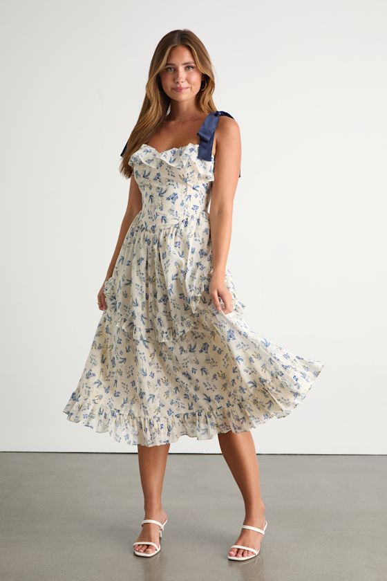 Candice Ivory Floral Ruffled Tie-Strap Midi Dress