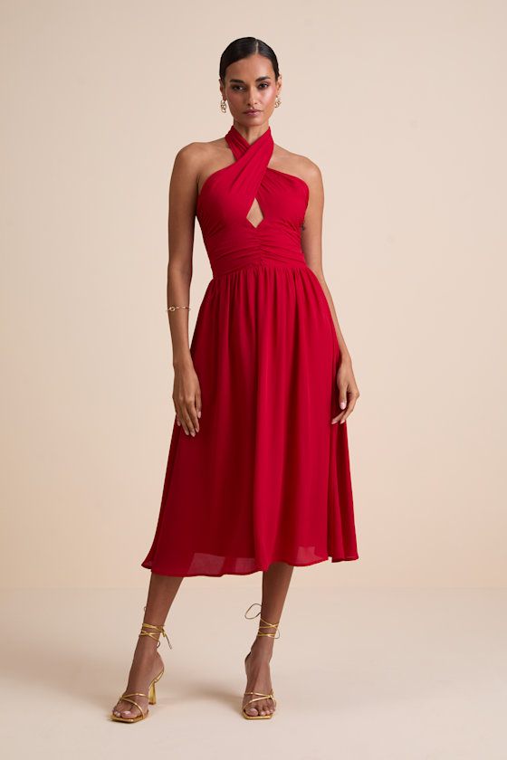 Emrah Red Cross-Front Cutout Halter Midi Dress