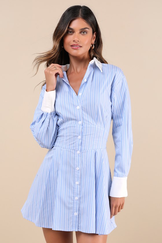 Suave Confidence Blue and White Striped Collared Mini Dress