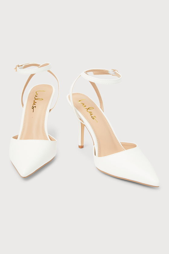 Azalian White Pointed-Toe Ankle Strap Heels