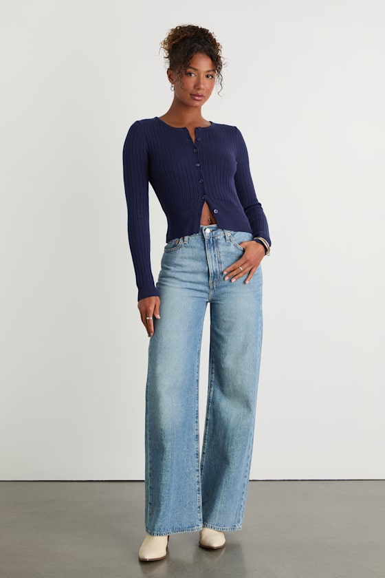 Perfect Classic Navy Ribbed Knit Cardigan Sweater