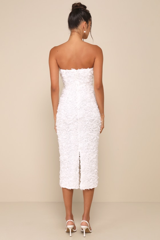 Gorgeous Mentality White 3D Floral Strapless Midi Dress