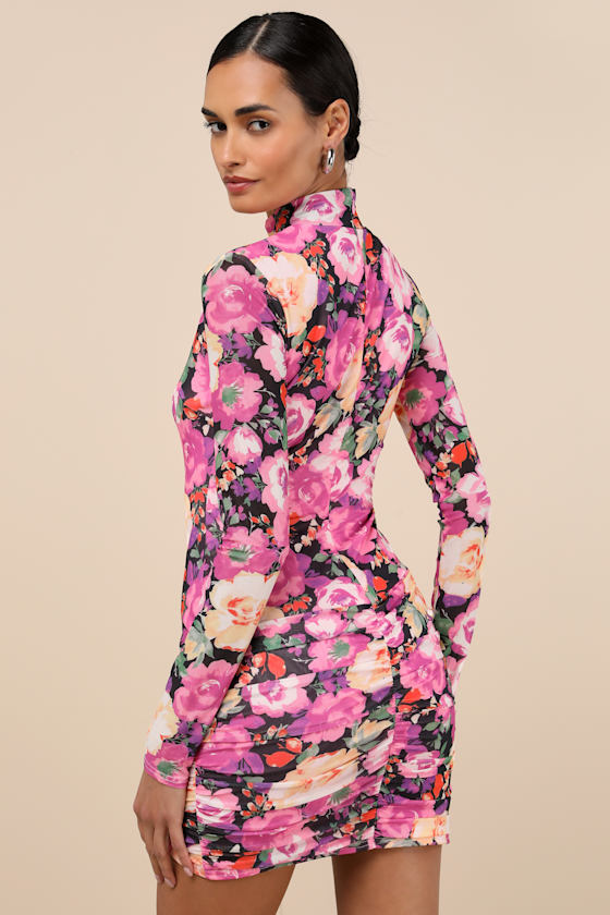 Prettiest Energy Pink Multi Floral Mesh Long Sleeve Mini Dress