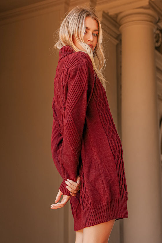 Cuddle Up Close Burgundy Cable Knit Turtleneck Sweater Dress