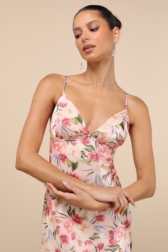 Alaia Blush Multi Floral Satin Backless Midi Dress