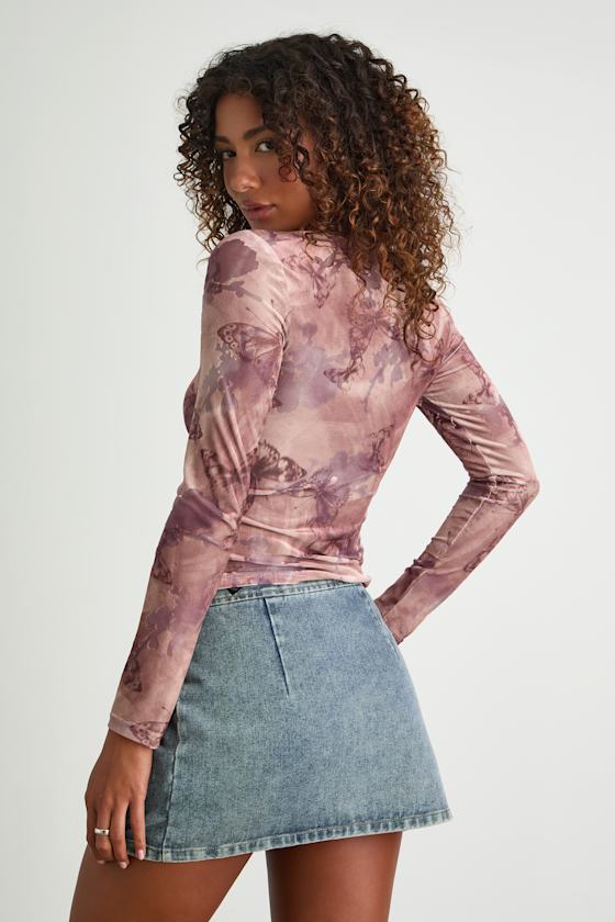Farasha Mauve Burnout Butterfly Print Long Sleeve Top