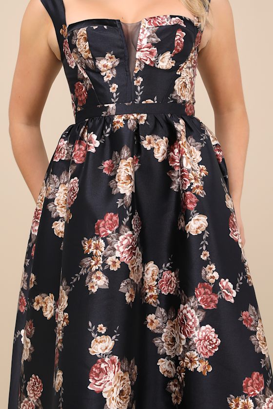 Elegant Pick Navy Blue Floral Sleeveless Bustier Maxi Dress