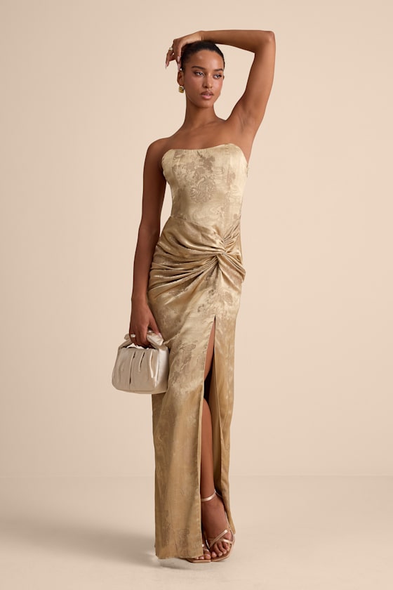 Whitney Gold Jacquard Strapless Twist-Front Maxi Dress