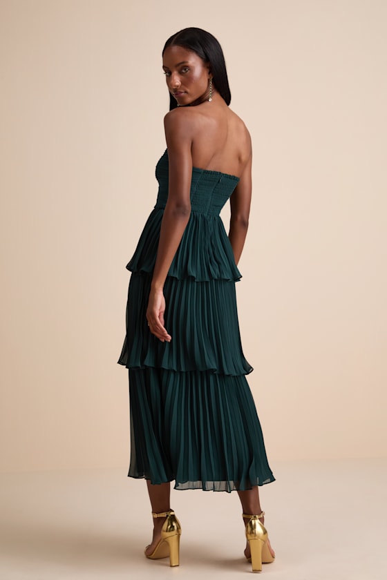 Seriously Sensational Emerald Strapless Tiered Midi Dress