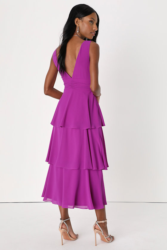 Celebration Time Purple Sleeveless Tiered Midi Dress