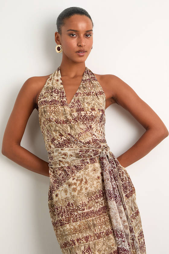 Francine Beige Multi Boho Print Halter Midi Dress