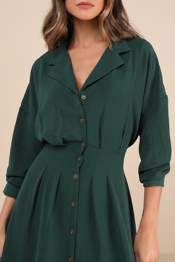 Timeless Class Dark Green Collared Button-Up Pleated Midi Dress