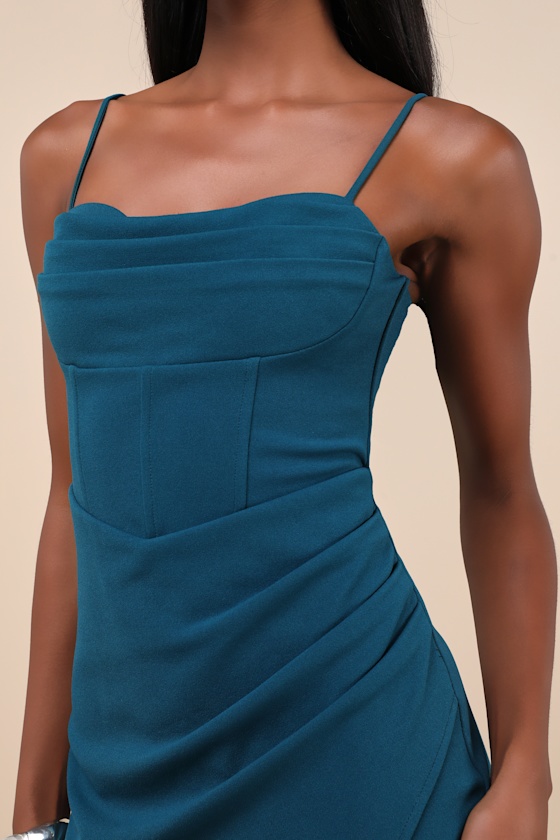 Always Turning Heads Dark Teal Bustier Tulip Midi Dress