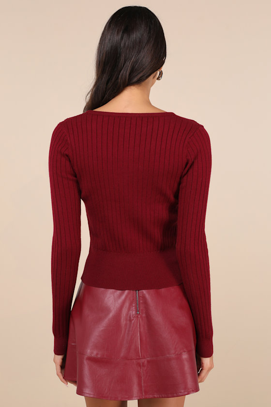 Perfect Classic Burgundy Ribbed Knit Cardigan Sweater