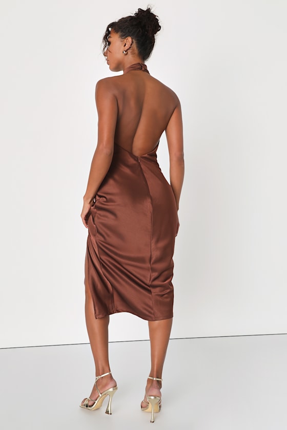 Beyond Classy Brown Satin Halter Midi Dress