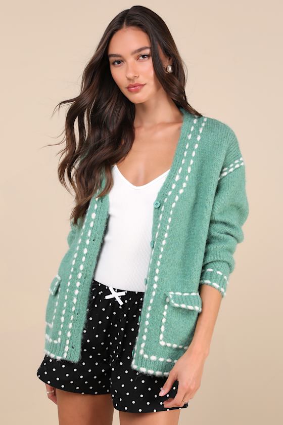 Cuddly Effect Green Contrast Stitched Cardigan Sweater