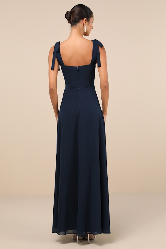 Love Me Forever Navy Blue Tie-Strap Square Neck Maxi Dress