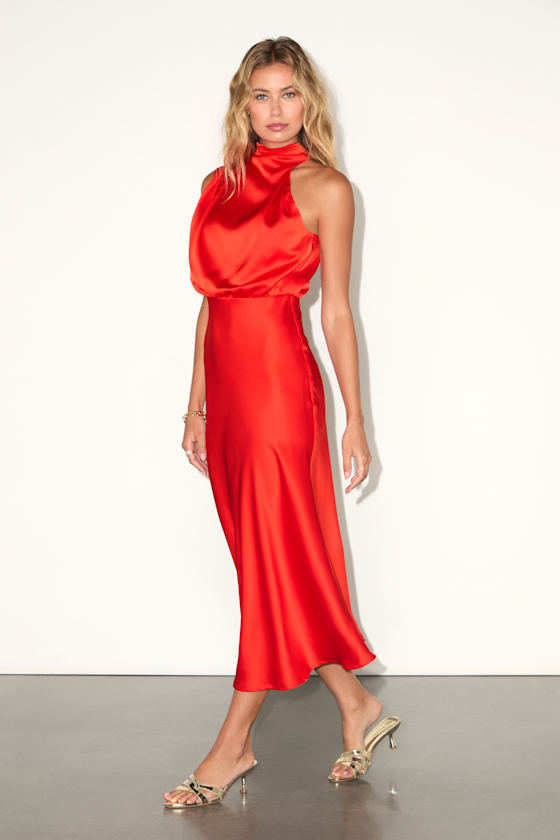 Distinctive Charm Red Orange Satin Asymmetrical Midi Dress