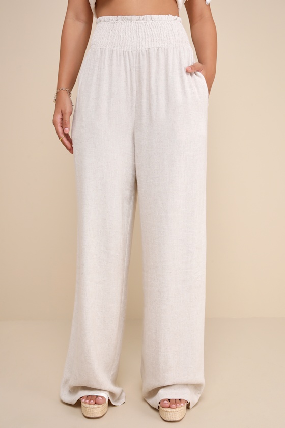 Hit the Breeze Beige Smocked Wide-Leg Pants