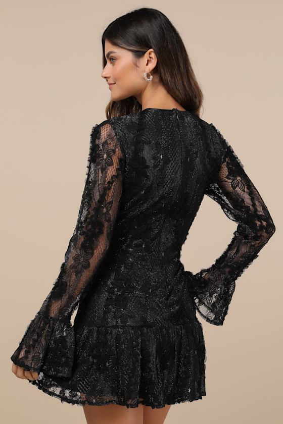 Darling Era Black Lace Applique Long Sleeve Ruffled Mini Dress