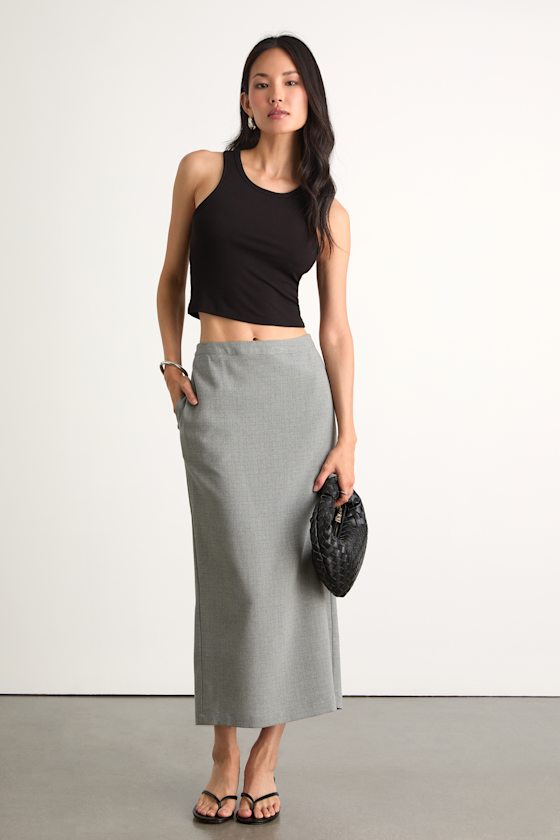 Halena Light Grey Plaid High-Rise Column Midi Skirt