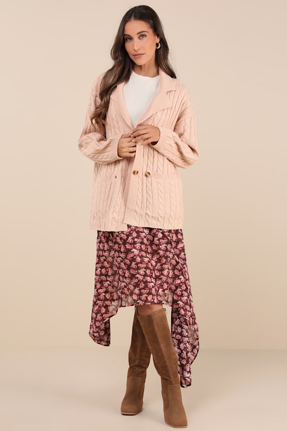 Majorly Comfy Beige Cable Knit Double Breasted Cardigan Sweater