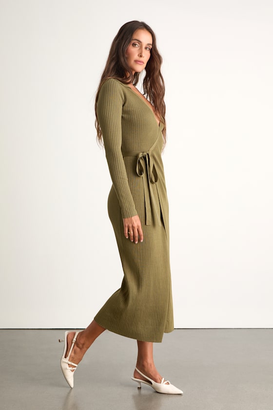 Neyla Olive Green Ribbed Sweater Wrap Midi Dress