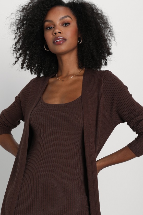 Layer Lover Brown Ribbed Knit Two-Piece Dress & Cardigan Set