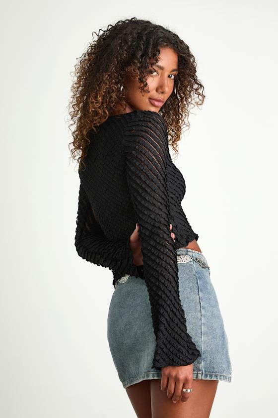 Xavia Black Ruffled Knit Asymmetrical Long Sleeve Top