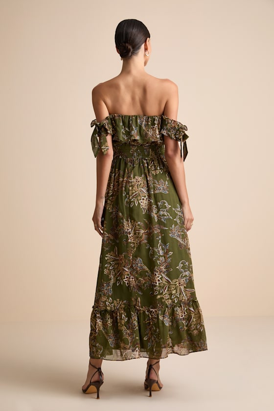 Love and Blooms Olive Green Floral Print Off-the-Shoulder Dress