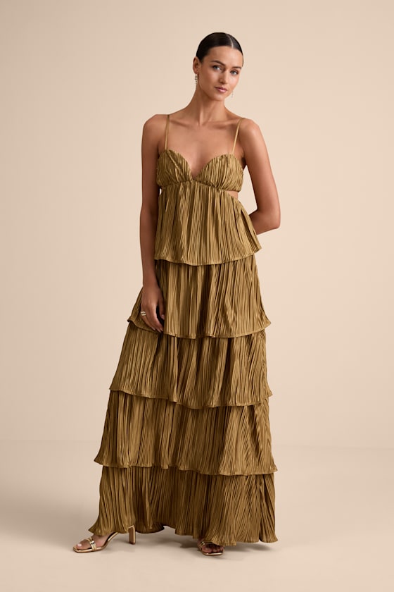 Kanya Gold Satin Plisse Tiered Maxi Dress